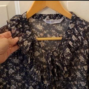 Zara sheer black floral blouse with ruffle & tie. Large.